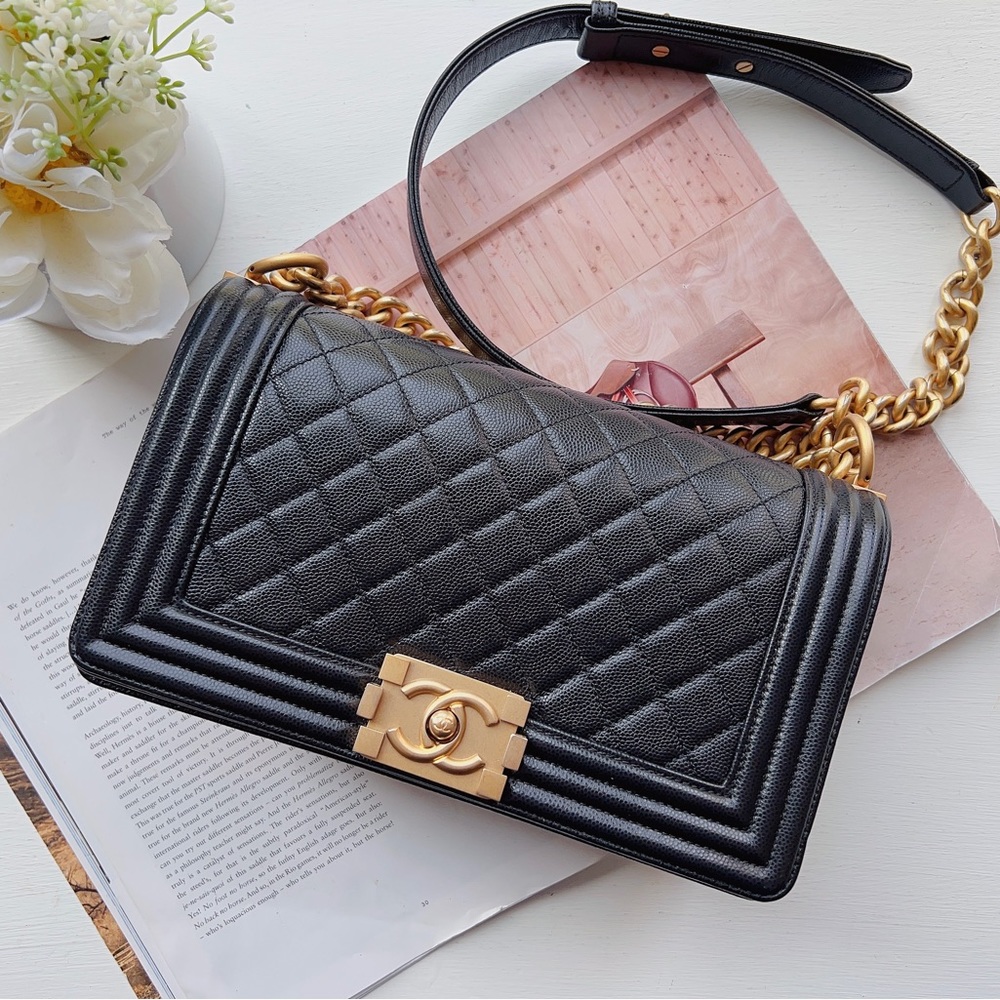 Chanel Black Caviar Old Medium Boy Bag